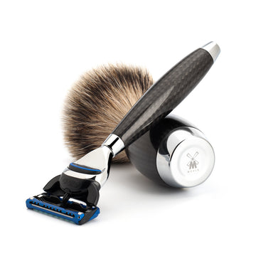 Set de barbierit cu aparat de ras compatibil Gillette Fusion si pamatuf Silvertip Badger cu par de bursuc si maner din fibra de carbon S 493 ED 1