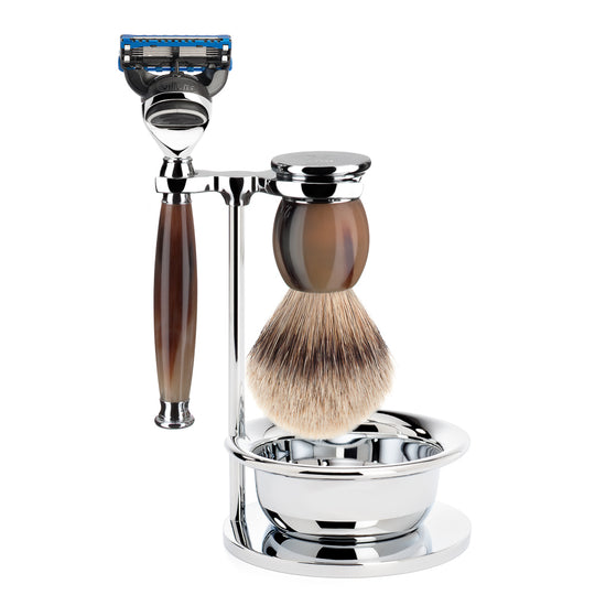 Set de barbierit cu aparat de ras compatibil Gillette Fusion si pamatuf Silvertip Badger cu par de bursuc si maner de corn de bivol S 93 B 42 SF