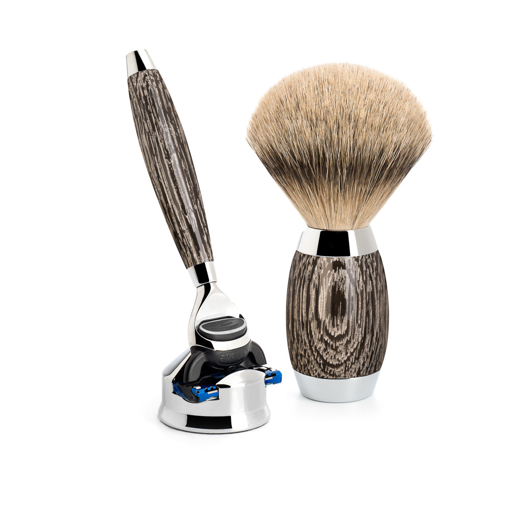 Set de barbierit cu aparat de ras compatibil Gillette Fusion si pamatuf Silvertip Badger cu par de bursuc si maner din lemn de stejar de mlastina si argint S 493 ED 3