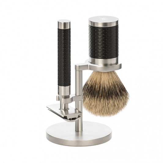 Set de barbierit cu aparat de ras clasic Safety Razor si pamatuf Silvertip Badger cu par de bursuc si maner din otel  Muehle Rocca S 091 M 96 SR