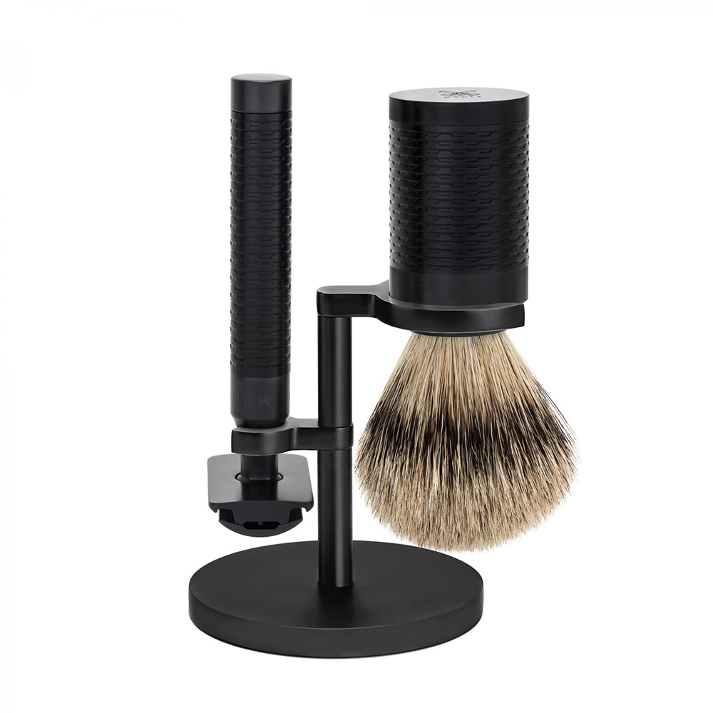 Set de barbierit cu aparat de ras clasic si pamatuf Silvertip Badger cu par de bursuc Muehle Rocca S 091 M96 JET