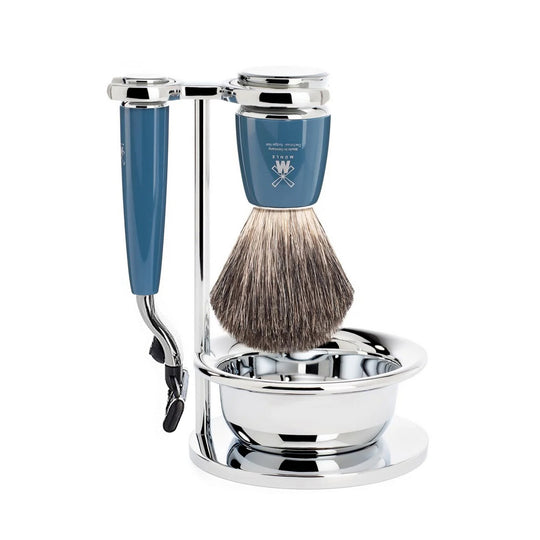 Set barbierit cu aparat de ras compatibil Gillette Mach3 si pamatuf Pure Badger cu par de bursuc Muehle S 81 M 228 SM3