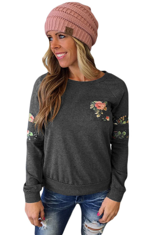 Bluza casual accesorizata cu un buzunar si patch-uri cu imprimeu floral BL989-181