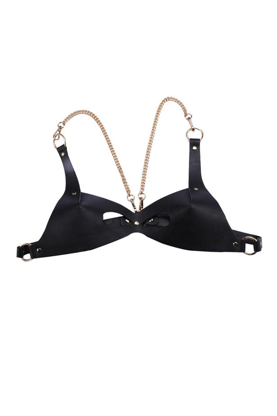 Sutien fetish negru din bezi piele ecologica si lanturi BRA126-1