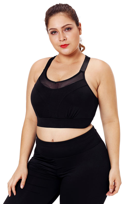 Bustiera sport neagra cu insertie de plasa - plus size BRA220P-1