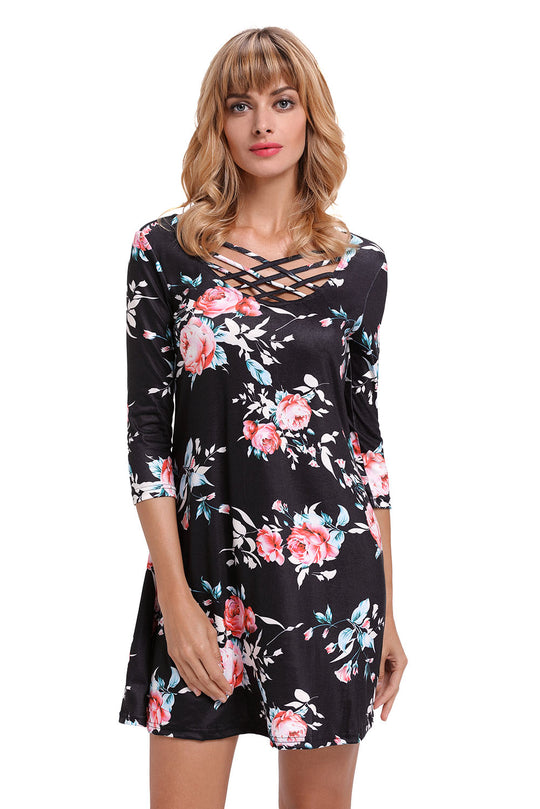 Rochie scurta cu imprimeu floral si maneci trei sferturi C571-1