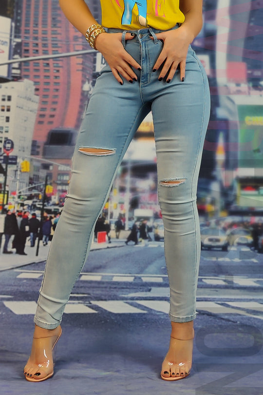 Blugi cu talie inalta si model prespalat cu aspect ombre C654RR-411