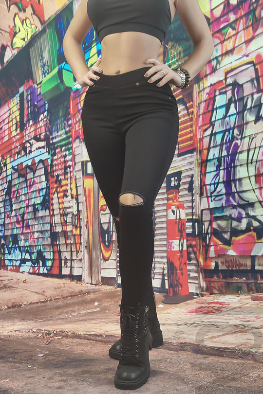 Blugi tip colanti cu talie inalta din denim elastic model destroyed C808-1