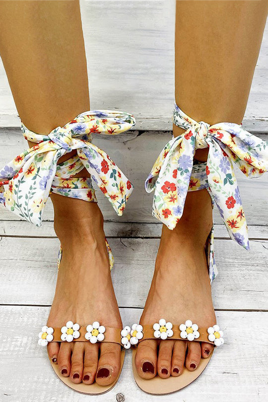 Sandale cu bretele din material floral si prindere prin legare CH31-2