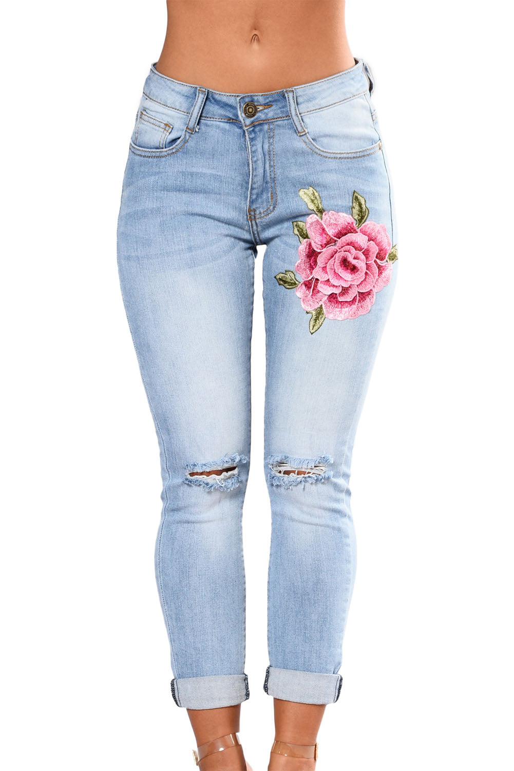 Jeans skinny cu floare brodate pe un picior CL669-411