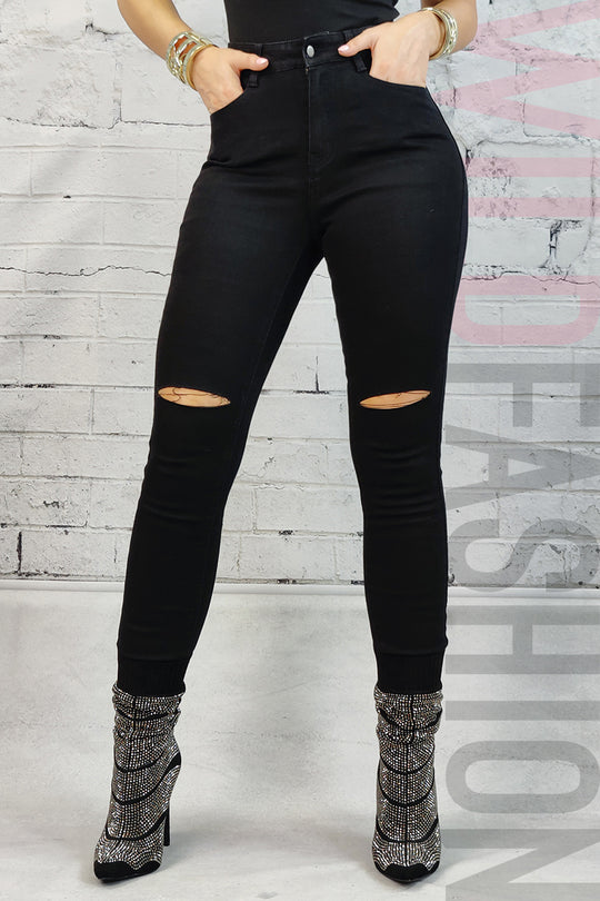 Blugi skinny cu talie inalta si taieturi la nivelul genunchilor CL699RR-1