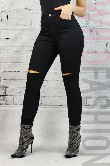 Blugi skinny cu talie inalta si taieturi la nivelul genunchilor CL699RR-1