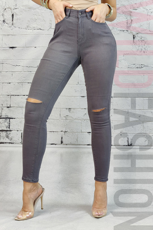Blugi skinny cu talie inalta si taieturi la nivelul genunchilor CL699RR-61