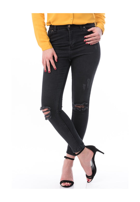 Blugi casual negri cu talie inalta si rupturi decorative in fata CL714-1