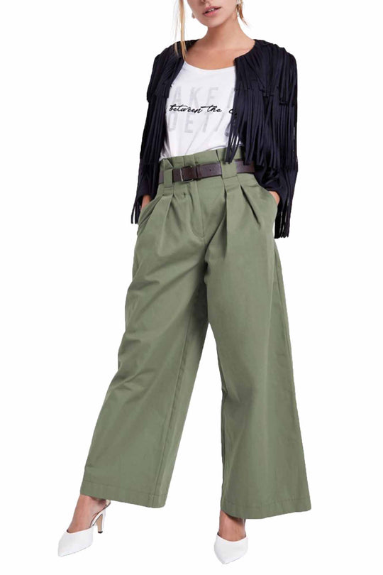 CL731-12 Pantaloni verzi, stil palazzo, cu buzunare in fata