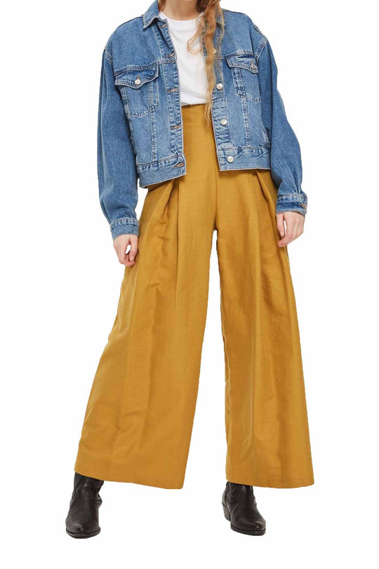 Pantaloni galbeni stil palazzo cu buzunare in fata CL732-991