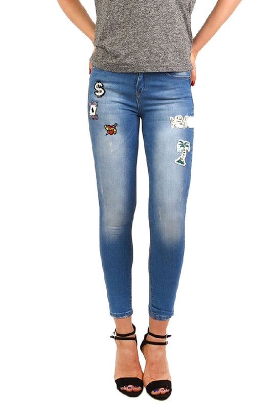 Blugi casual albastri accesorizati cu aplicatii decorative CL744-444