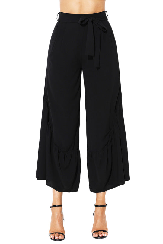 Pantaloni stil Palazzo cu talie inalta accesorizati cu fundita CL763-1