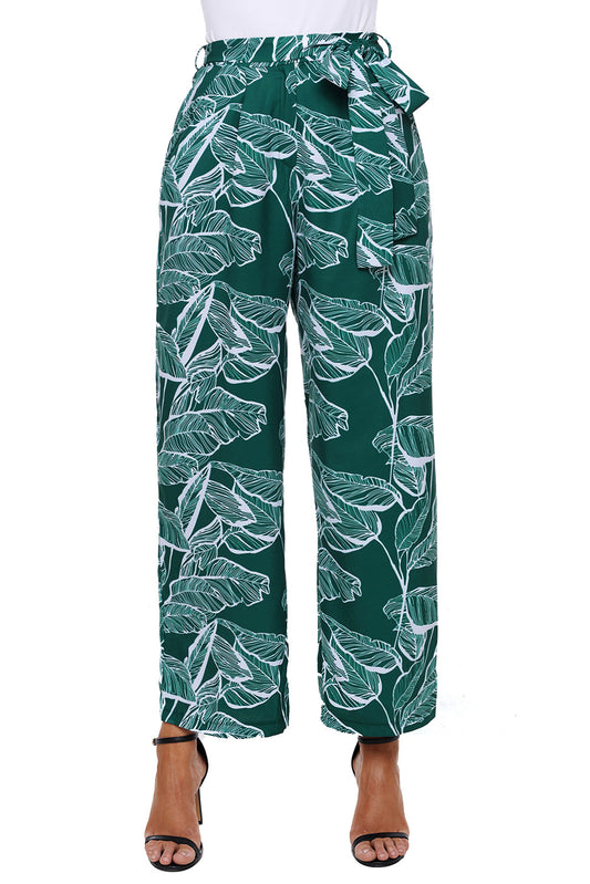 Pantaloni eleganti cu talie inalta si imprimeu frunze CL784-11121