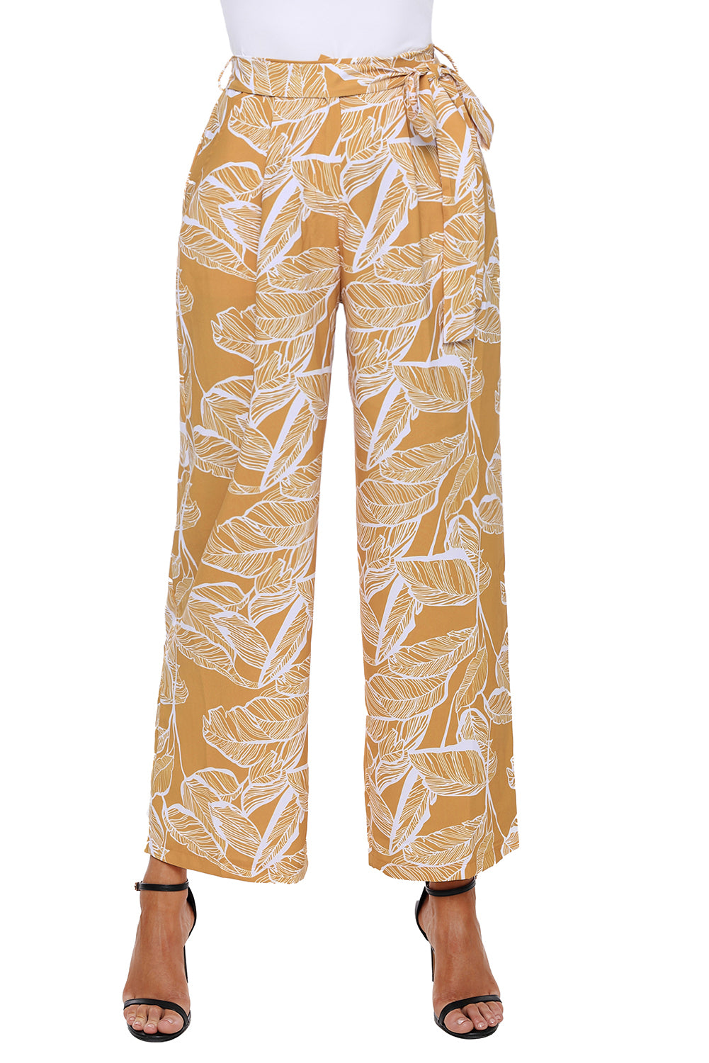 CL784-991 Pantaloni eleganti cu talie inalta si imprimeu frunze
