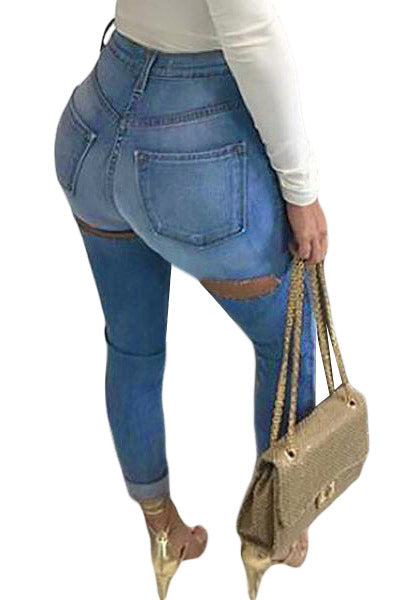 Jeans skinny cu talie inalta si decupaje la spate CL811-444