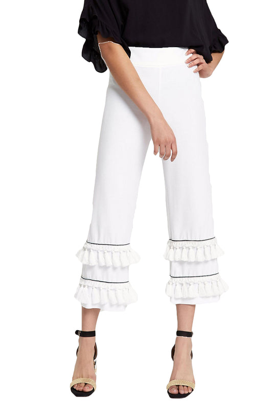 Pantaloni albi eleganti cu ciucurei in partea de jos CL818-211