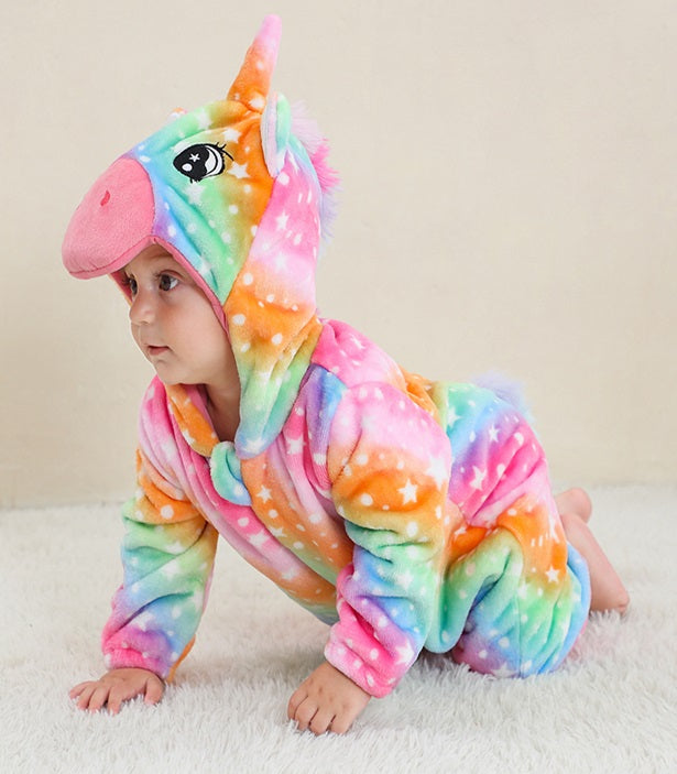 CLD170-100 Pijama kigurumi pentru bebelusi, model unicorn, tip salopeta din material maole si pufos