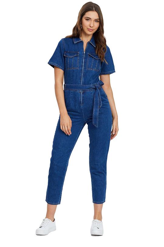 D469-4 Salopeta din denim cu maneca scurta