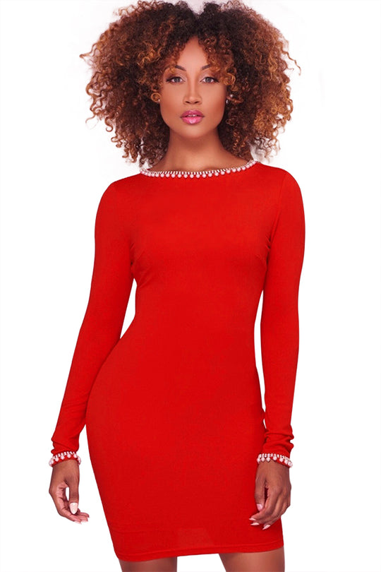 Rochie rosie bodycon decorata cu perle albe D601-3