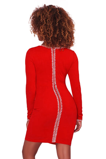 Rochie rosie bodycon decorata cu perle albe D601-3