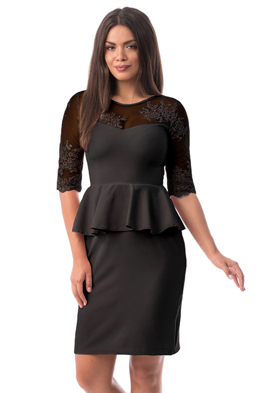 Rochie scurta cu peplum in talie si dantela florala D661-1
