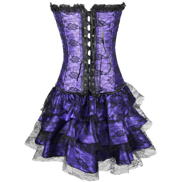 Set 3 piese corset elegant cu plasa florala si fusta D87-10