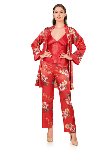 Set 3 piese lenjerie tip pijama din material satinat cu print floral E1083-19