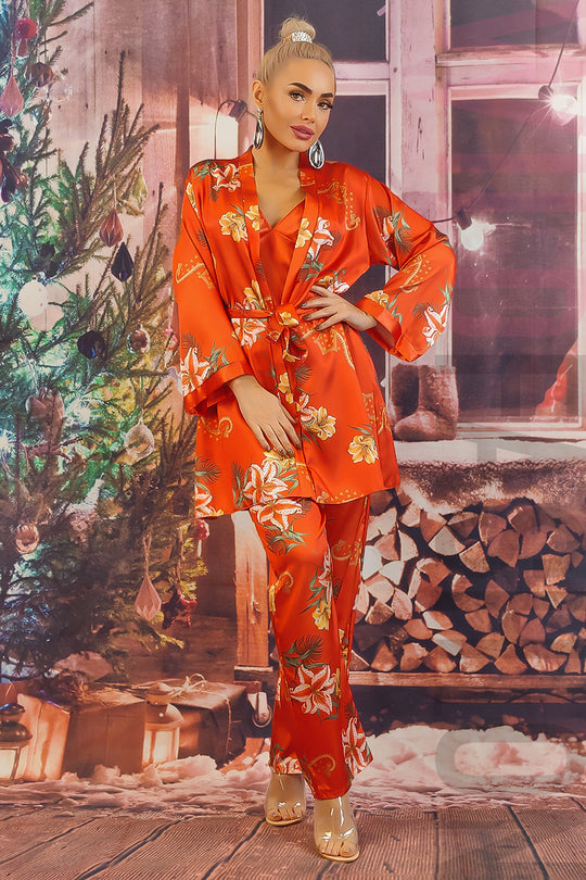 Set 3 piese lenjerie tip pijama din material satinat cu print floral E1083RR-19