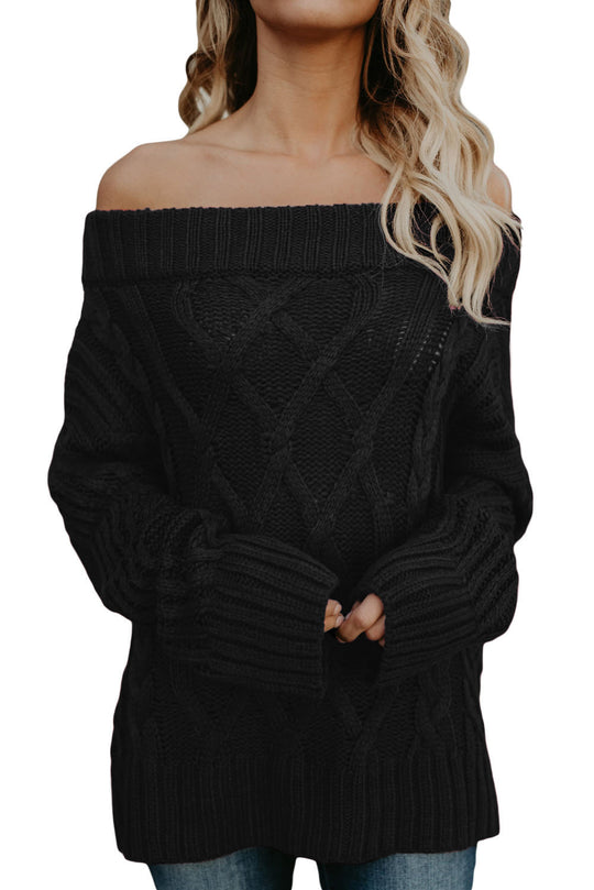 Pulover cu umerii goi si model cu impletituri in fata E643-1