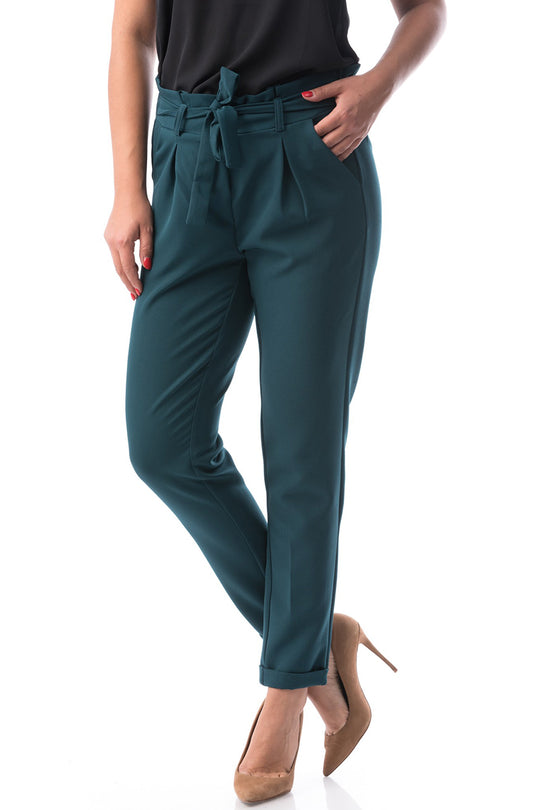 Pantaloni casual cu talie inalta decorata cu cordon E756-12