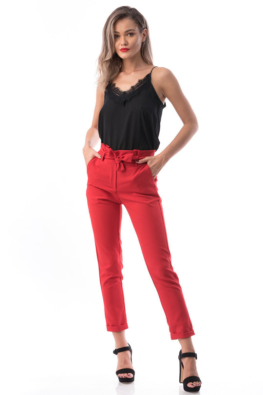Pantaloni casual cu talie inalta decorata cu cordon E756-3
