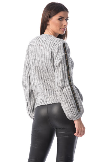 Pulover gros accesorizat cu dunga bicolora pe maneci E761-18