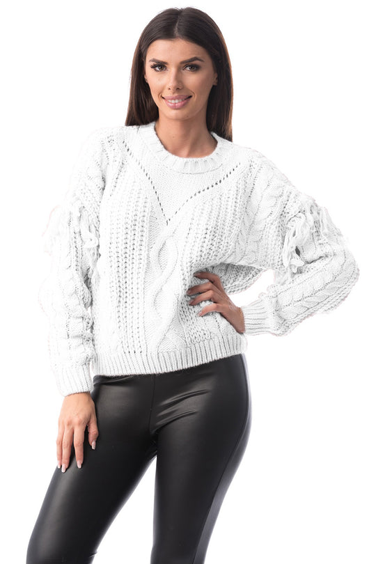 Pulover gros accesorizat cu franjuri in zona manecilor E763-2