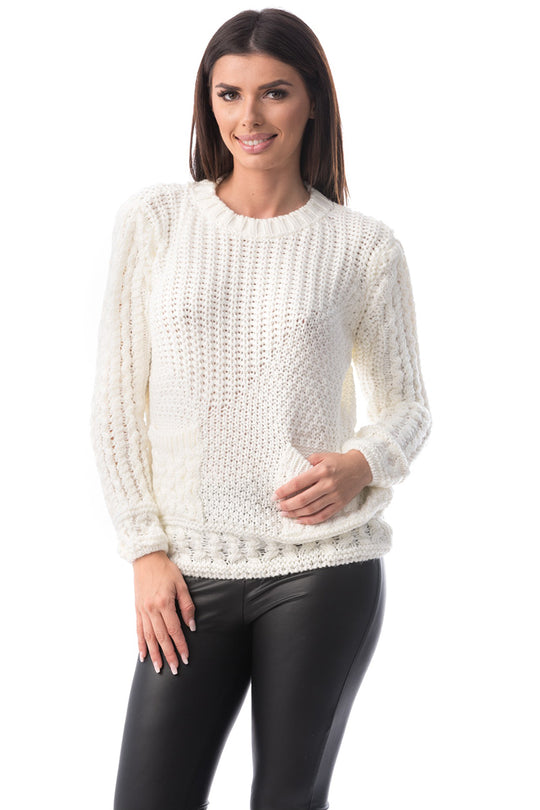 Pulover din material tricotat cu model si buzunare laterale E782-2