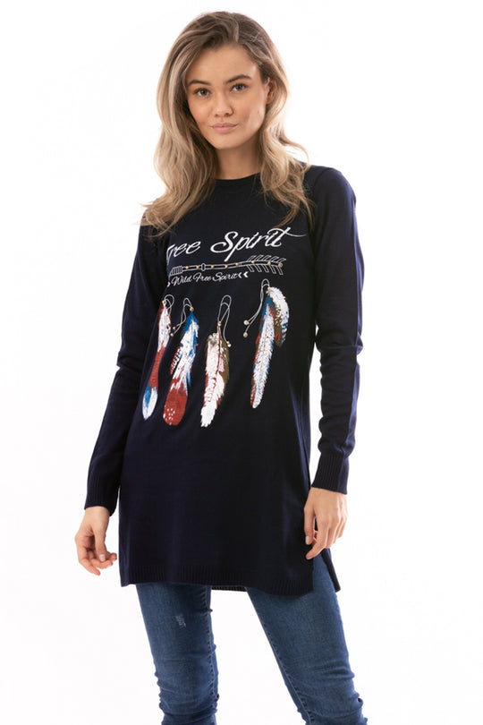 Bluza lunga cu imprimeu pene si text inscriptionat E887-44