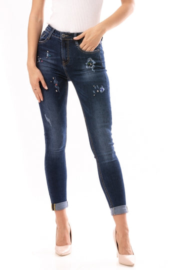 E893-444 Jeans skinny  cu talie inalta  accesorizati cu strasuri