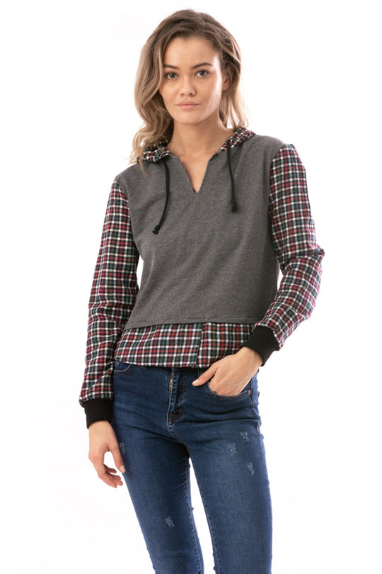 Bluza casual cu imprimeu carouri si gluga atasata E900-18