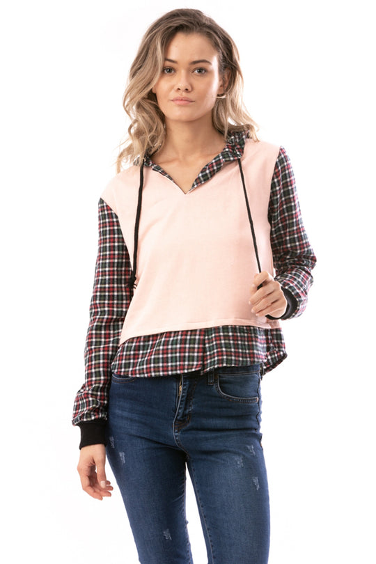 Bluza casual cu imprimeu carouri si gluga atasata E900-5