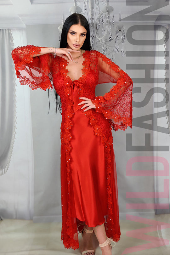 Compleu luxos din desu satinat si halat din plasa cu broderie eleganta F790-3