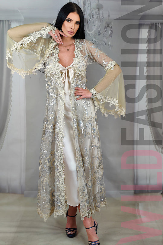 Set 2 piese lenjerie de lux din desu satinat si halat cu broderie F791-221