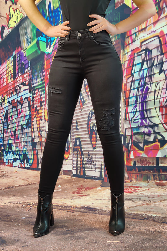 Blugi skinny cu talie inalta si model destroyed F911-100