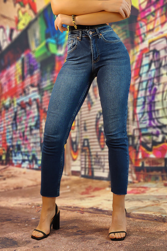 Blugi skinny cu talie inalta si fara tiv la glezne F913-4