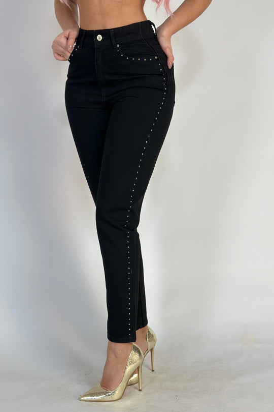 Blugi casual cu talie inalta din denim negru accesorizati cu strasuri in fata F916A-1