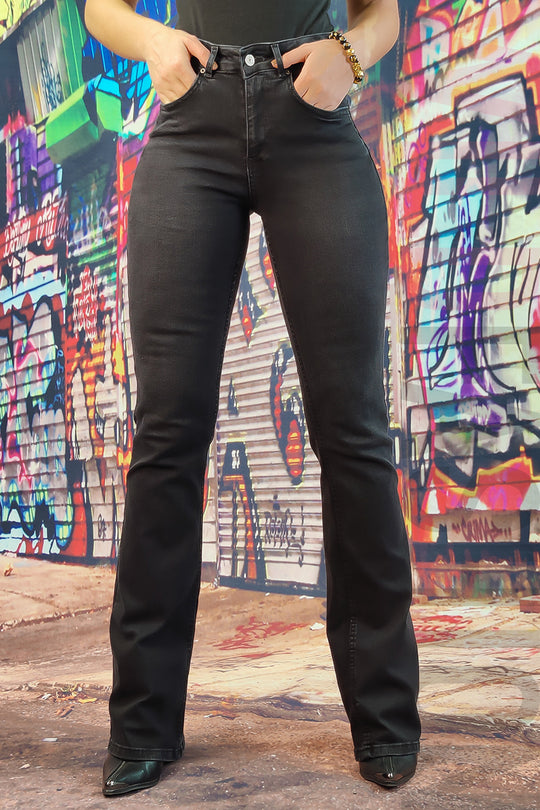 Blugi evazati cu talie inalta si model skinny din denim usor elastic F917-1